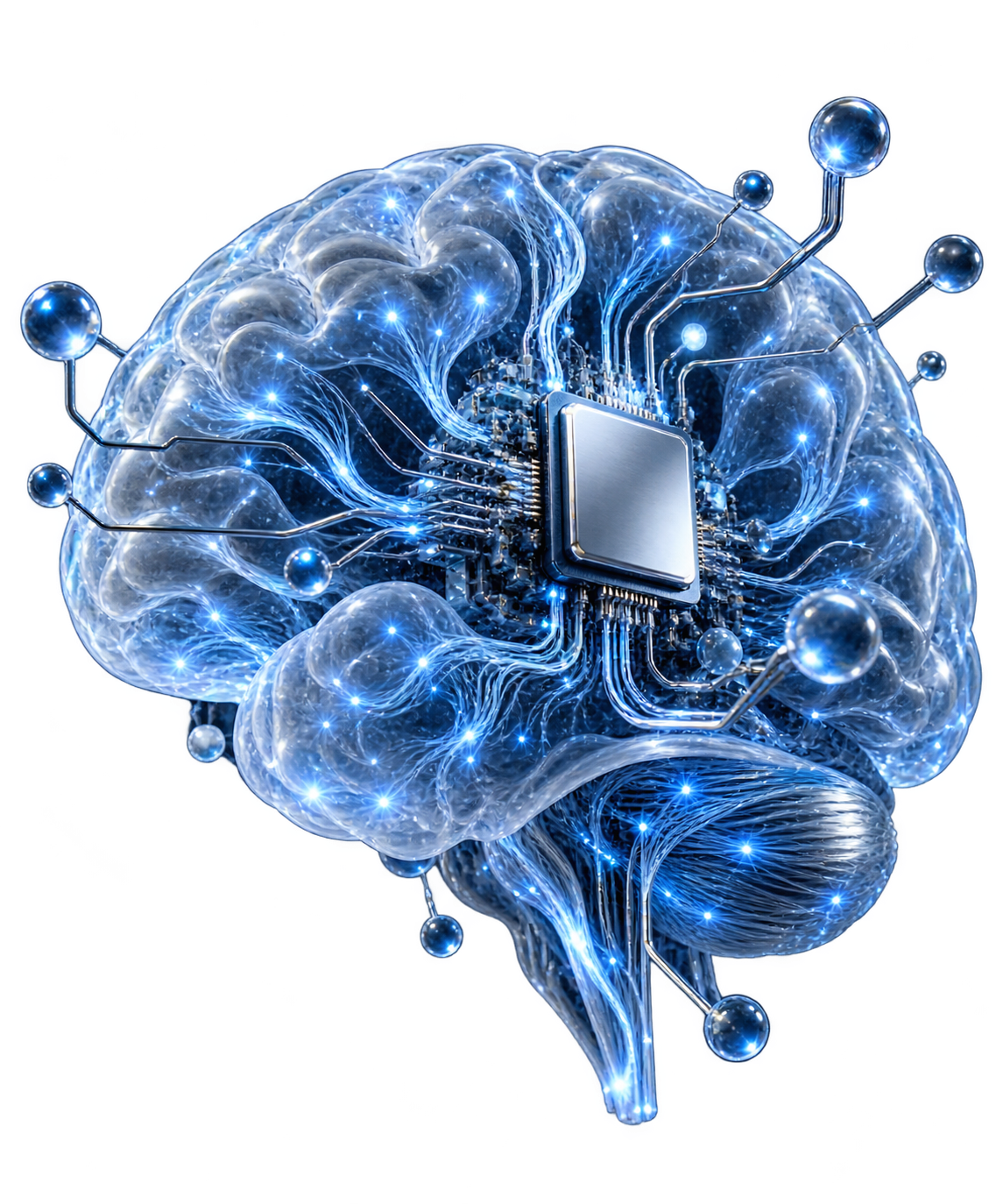 Three-dimensional AI brain containing a central processor